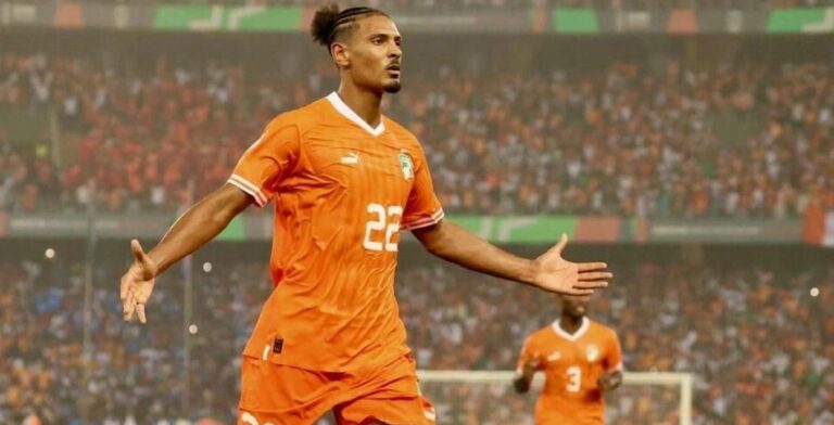 Sébastien Haller celebrates opening the score in the CAN 2024 semi-final against DR Congo.