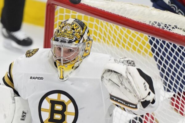 On Monday, May 6, 2024, in Sunrise, Florida, goalkeeper Jeremy Swayman (1) of the Boston Bruins deflects a shot during the second period of Game 1 of the Stanley Cup Playoffs second-round series against the Florida Panthers.