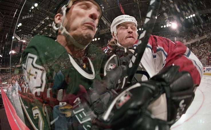 This match between Stars forward Guy Carbonneau and Avalanche forward Aaron Miller shows how hard the 1999 playoff series was for the team from Colorado Matt McClearin